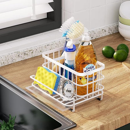 HapiRm Sink Caddy Sponge Holder - Kitchen Sink Organizer with Drain Tray, SUS304 Stainless Steel Rustproof Sponge Caddy Storage for Kitchen Countertop- White