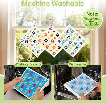 Swedish Dishcloths for Kitchen, 5 Pack Dog Paw Reusable Paper Towels with 3 Hooks, Washable Dish Cloth Set, Absorbent Cleaning Cloth for Home Washing Dishes Housewarming Gifts for Friend