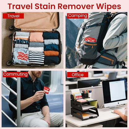 Stain Remover Wet Wipes Bulk, Individual Wrapped Clothes Portable Travel Messy Eater Cleaning Laundry Stain Removal Wipes Pocket Size for Clothing Fabric/Shoes/Wine/Fast Food 7.1 x 4.7 Inch (Red 50)