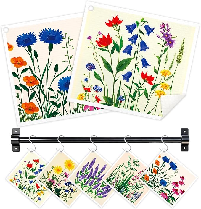 Swedish Dishcloths for Kitchen, 5 Pack Floral Flowers Reusable Paper Towels with 3 Hooks, Washable Dish Cloth Set, Absorbent Cleaning Cloth for Washing Dishes Housewarming Gifts for Friend