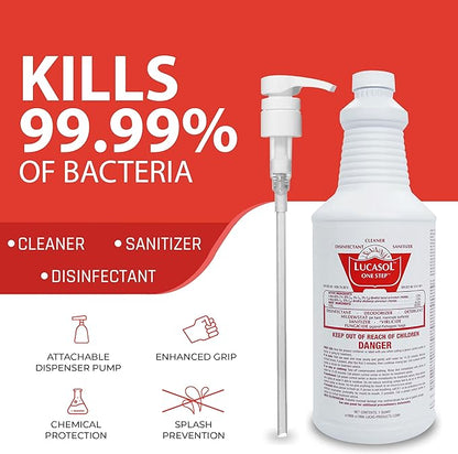 Lucasol One Step Disinfectant, 1 Quart (32 Ounce) Disinfectant & Attachable Dispenser Pump Combo, All Purpose Cleaner Disinfectant Spray For Hospitals, Schools, Salons, Household Cleaning And More.