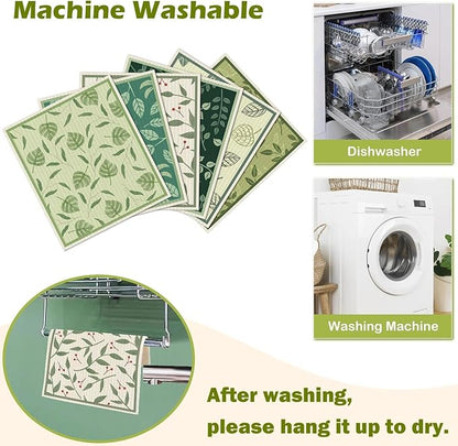 6 Packs Swedish Paper Cloths for Kitchen, Reusable Paper Towels Washable Dish Rags, Highly Absorbent Kitchen Towels Quick Drying Swedish Sponge Cleaning Dish Cloths (Plant Leaves)