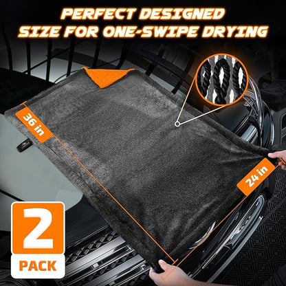 SMINDER 2-Pack 1200 GSM Car Drying Towels – Microfiber Towels for Cars (36" x 24"), Ultra-Absorbent, Streak-Free, Scratch-Free, No Water Spots, Double-Twist Pile & Edgeless Design(Orange)