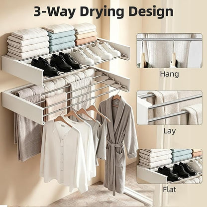 Wall Mounted Clothing Drying Rack 40“ Folds to 1.2” Ultra-Thin Space Saving Clothes Laundry Rack Holds 60 lbs Rust-Resistant Collapsible Space Aluminum for Apartment, RV, Laundry Room, White