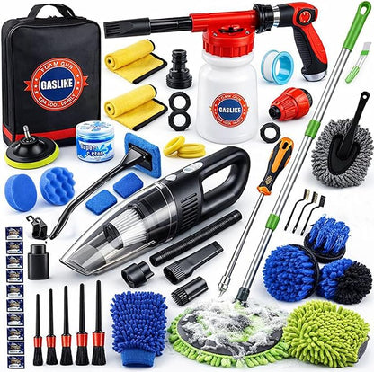63PCS Car Wash Cleaning Kit,Car Wash Brush with Long Handle,Car Detailing Kit with Foam Gun,Car Cleaning Supplies,Handheld Vacuum, Car Detailing Kit (63PCS)