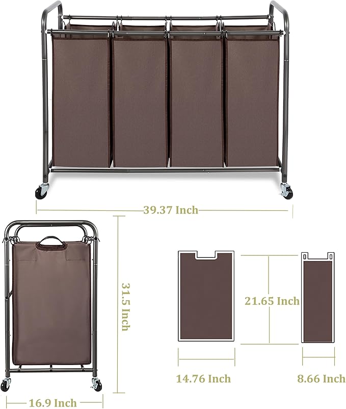 Laundry Sorter 4 Section, 4-Bag Heavy Duty Rolling Laundry Hamper Cart, Laundry Basket Organizer With Wheels and Removable Bags, Laundry Room Organization For Dirty Clothes Storage, BROWN
