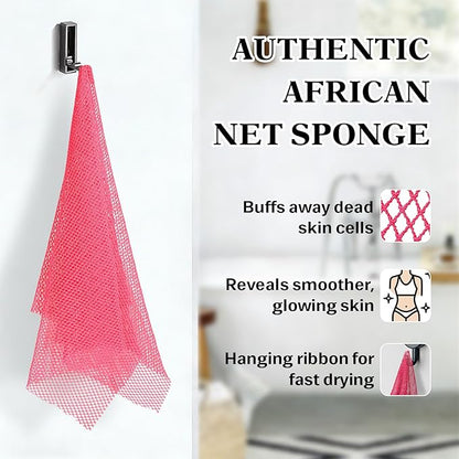 African Net Sponge with 2 Soap Saver Bags - Exfoliating Body Scrubber Set for Shower, Reusable Bar Soap Pouch & Bath Washcloth for Deep Cleaning - Rose Red & Black, Blue