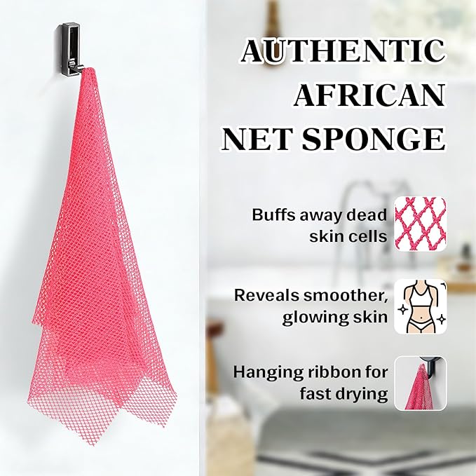 African Net Sponge with 2 Soap Saver Bags - Exfoliating Body Scrubber Set for Shower, Reusable Bar Soap Pouch & Bath Washcloth for Deep Cleaning - Rose Red & Black, Gray