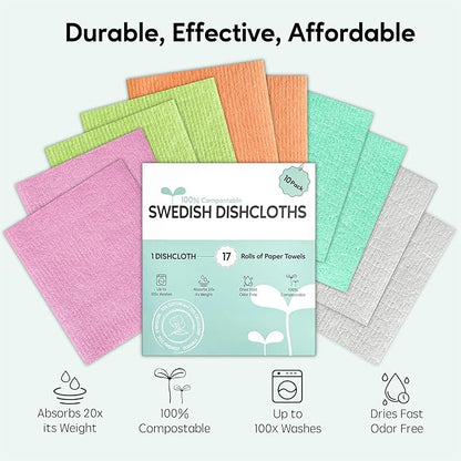 Swedish Dishcloths for Kitchen, 10 Pack Swedish Dish Cloths, Ultra Absorbent Reusable Paper Towels, Cellulose Sponge Cloths, Quick Drying, No Odor, Dishwasher Safe
