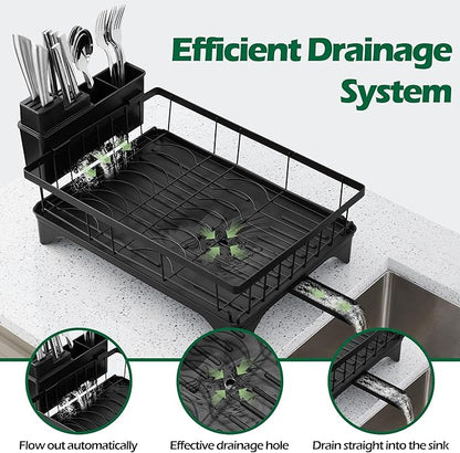 E-far Dish Drying Rack for Kitchen Counter, 2 Tier Small Dish Drainer Drying Rack, 16.7" x 11.8" x 13.9" Metal Organizer with Drainboard and Utensil Holder, Large Capacity & Space Saving, Black