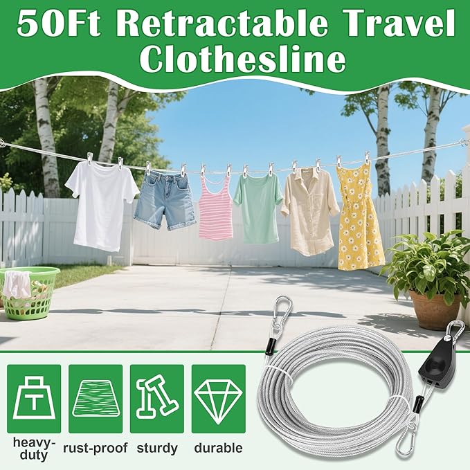 Windspeed 25Ft Retractable Clothesline Outdoor Heavy Duty Travel Clothesline Retractable Clothes Line for Outside Travel Camping Clothes Line, Galvanized Steel Material, with 10 Clips, Storage Bag