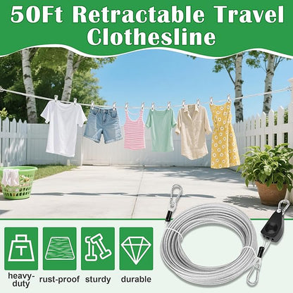 Windspeed 25Ft Retractable Clothesline Outdoor Heavy Duty Travel Clothesline Retractable Clothes Line for Outside Travel Camping Clothes Line, Galvanized Steel Material, with 10 Clips, Storage Bag