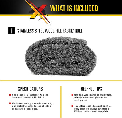 Xcluder Rodent Control Fill Fabric Roll, 4” x 10’ Stainless Steel Wool Protects Against Rats and Mice for Residential & Commercial Property,Black