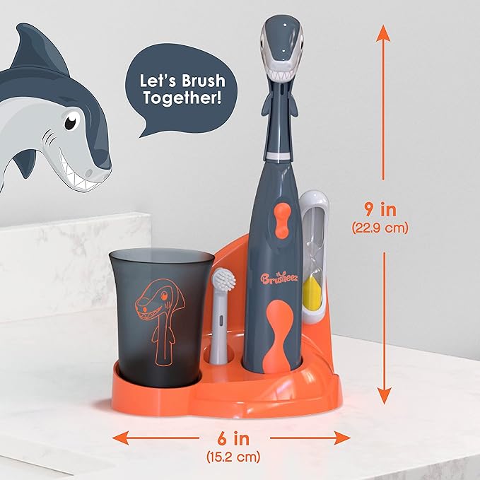 Brusheez Kids’ Electric Toothbrush Set - Safe & Effective for Ages 3+ - Parent Tested & Approved with Gentle Bristles, 2 Brush Heads, Rinse Cup, 2-Minute Timer, & Storage Base (Shadow the Shark)
