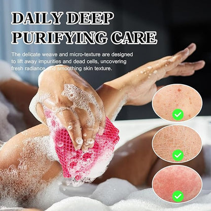 African Net Sponge with 2 Soap Saver Bags - Exfoliating Body Scrubber Set for Shower, Reusable Bar Soap Pouch & Bath Washcloth for Deep Cleaning - Rose Red & Black, Blue
