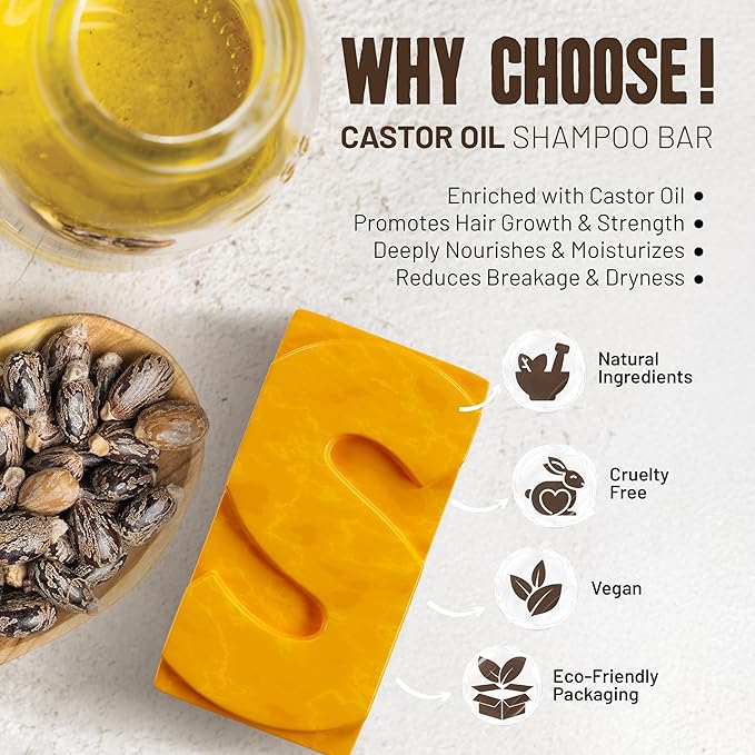 Herbishh Shampoo Bar for Hair Growth – Strengthening & Nourishing, Solid Soap for Thinning Hair, Paraben-Free & Sulfate-Free, 3.53 oz (Caster Oil Shampoo, Pack of 1)