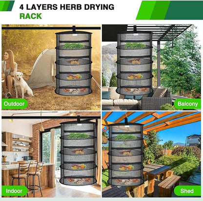 Yesker 4 Layer Herb Drying Rack Hanging Mesh Net Foldable Plant Drying Racks 18" Diameter with Black Zipper & Hook Dryer Hanging Rack for Herbs Seed Bud Fruit Clothes Grow Tent Closets Garden Outdoor