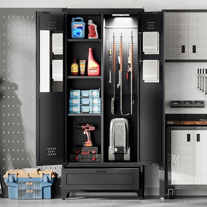 YITAHOME 71" Metal Garage Broom Cabinets with Adjustable Shelves, Vacuum Storage Cabinet with Doors and Drawer, Tool Storage Cabinet for Gym, Basement, Warehouse, Black, Metal