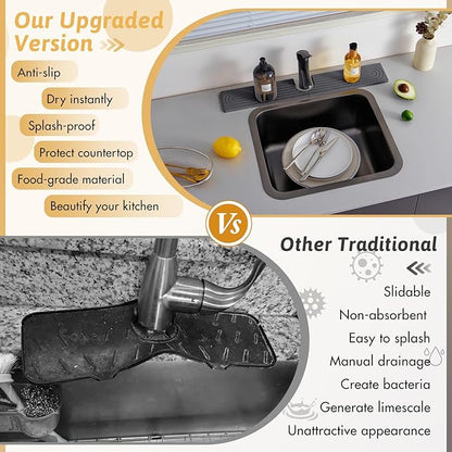 Kitchen Faucet Absorbent Mat with U-Shape Hole, 23.6" Diatomaceous Earth Splash Guard for Sink Faucet, Aesthetic Water Absorbing Stone Tray Draining Mat for Modern Home, Gift for Girlfriend, Dark Grey