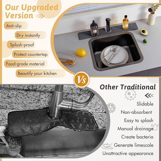 20 Inch Small Faucet Mat for Kitchen Island Sink, Instant Dry Sink Protector for Countertop, Stone Sink Caddy Diatomaceous Earth Stone Drying Tray Around Faucet for Kitchen Bathroom RVs, Dark Grey