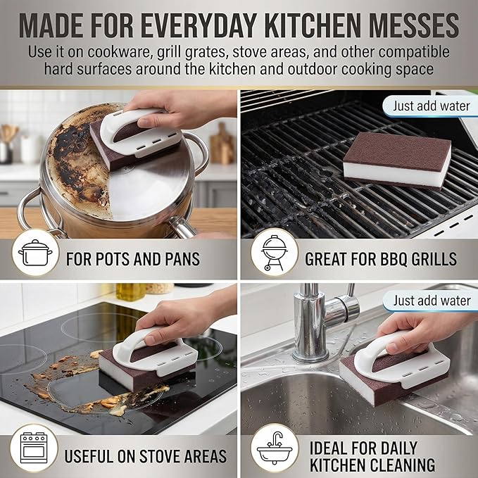 Magic Cleaning Sponge Nano Carborundum Emery Scrubber, Heavy Duty Kitchen Scrub Pad, Rust Remover with Handle, Eraser for Pots Pans Stainless Steel BBQ Grill Stove Grease Stains
