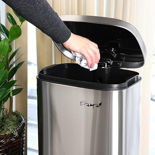 Elama 2 Piece 8 Gallon 30 Liter Rectangular Stainless Steel Twin Step Trash Bins with Slow Close Mechanism in Matte Silver
