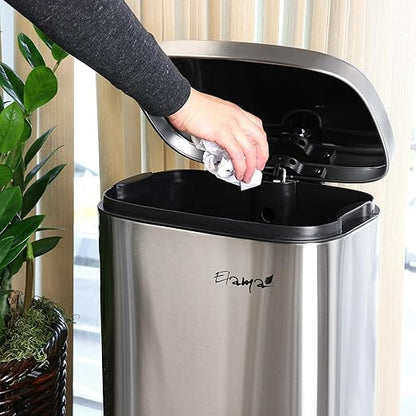 Elama 2 Piece 8 Gallon 30 Liter Rectangular Stainless Steel Twin Step Trash Bins with Slow Close Mechanism in Matte Silver