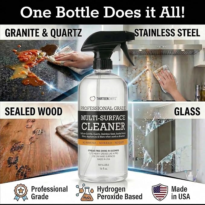 Thirteen Chefs Multi-Surface Cleaner for Kitchen, Home and Bath - Cleans All Countertops, Stainless Steel, Glass, Floor and Tile - 16oz Spray Bottle