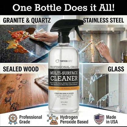 Thirteen Chefs Multi-Surface Cleaner for Kitchen, Home and Bath - Cleans All Countertops, Stainless Steel, Glass, Floor and Tile - 16oz Spray Bottle