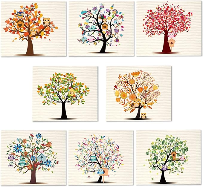 Vesici 8 Pcs Kitchen Dishcloths, Mixed Trees Owls Washable Reusable Sponge Cloths, Absorbent Dish Cloth, Washable Cleaning Wipes for Kitchen Dishes Bar Countertops