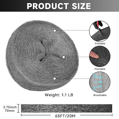 Steel Wool Mice Control, 65FT(1.1LB)#000 Steel Wool, Keep Mouse Away from Holes, Barrier and Gap Filler for Home, Wall, Garden, Kitchen, Pipeline in Garage, Very Fine