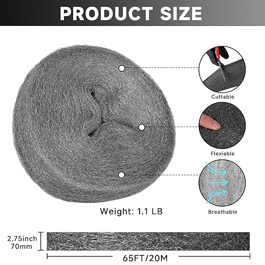 Steel Wool Mice Control, 65FT(1.1LB)#1 Steel Wool, Keep Mouse Away from Holes, Barrier and Gap Filler for Home, Wall, Garden, Kitchen, Pipeline in Garage, Coarse