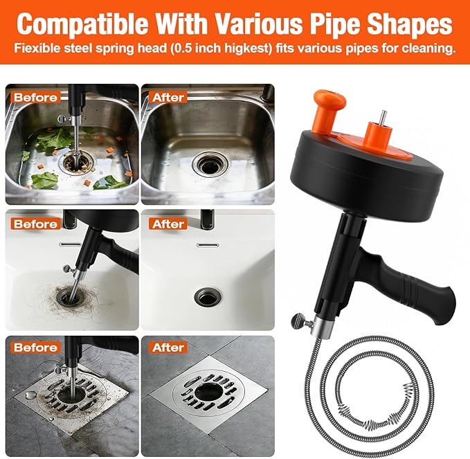 Drain Auger, 25FT Snake Drain Hair Removal Tool, Drill Powered and Manual Drain Cleaner Tool with Drill Adapter & Gloves, for Bathroom Sink, Shower Drain, Tub, Kitchen Sink, Household Plumbing