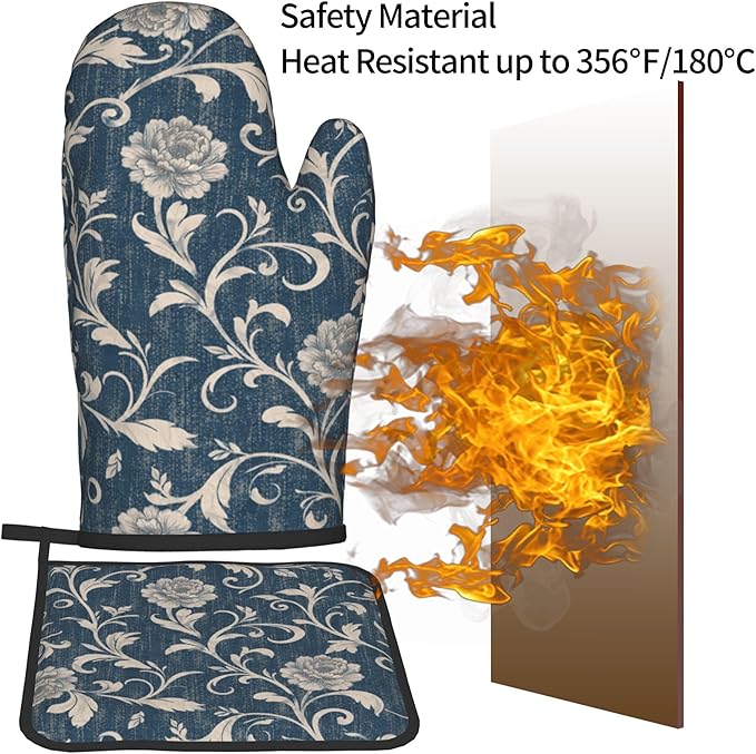 Navy Blue Oven Mitts and Pot Holders Vintage Floral Kitchen Accessories Set of 2 Teal Flowers Gloves Potholder for Chef Cooking Baking Grilling BBQ