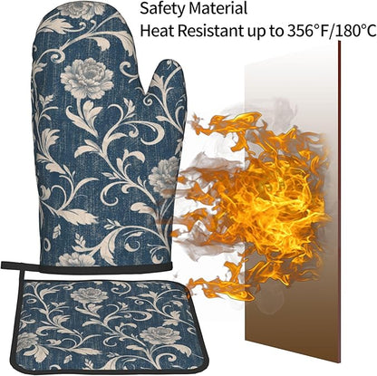 Navy Blue Oven Mitts and Pot Holders Vintage Floral Kitchen Accessories Set of 2 Teal Flowers Gloves Potholder for Chef Cooking Baking Grilling BBQ