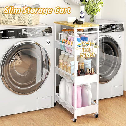 9.1" Wide Slim Rolling Utility Cart, 4 Tier Metal Narrow Storage Cart with Handle and Wood Top, Multifunctional Small Mobile Shelf Unit Organizer Trolley for Laundry, Bathroom, Kitchen