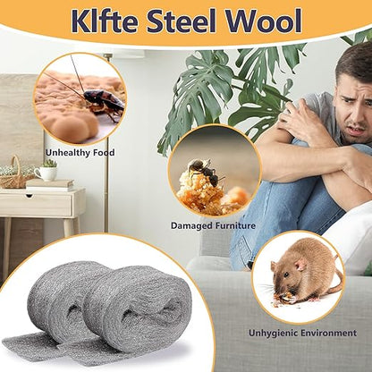 Steel Wool for Mice Control, 3.2" x12 ft Wool, Gap Filler for Home & Garage, DIY Bundle with Gloves & Scissors - 5 Pack