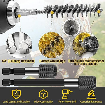 14-Piece Bore Brush Set - 304 Stainless Steel & Brass Drill Wire Bore Cleaning Brushes - 1/4" Hex Shank with Extension Bar for Power Drills, Impact Drivers, Grinders (8/10/12/15/17/19 mm)