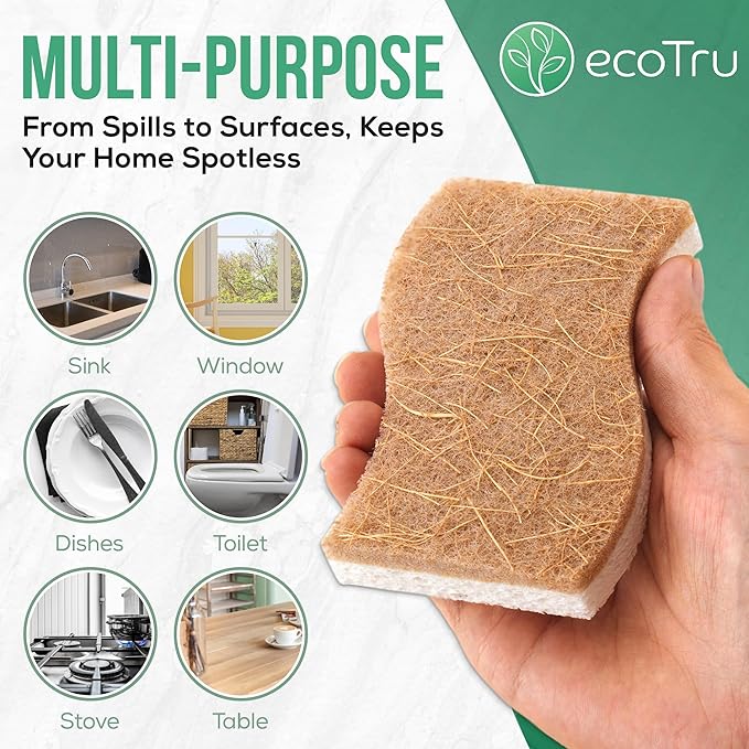 6 Pack Natural Kitchen Sponges, Compostable White Cellulose & Organic Coconut Scrubber Sponge for Washing Dishes, Kind Eco Friendly Non Toxic & Biodegradable Dishwashing Sponges