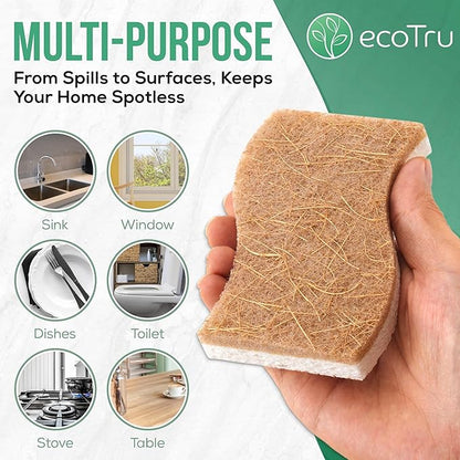 12 Pack Natural Kitchen Sponges, Compostable White Cellulose & Organic Coconut Scrubber Sponge for Washing Dishes, Kind Eco Friendly Non Toxic & Biodegradable Dishwashing Sponges