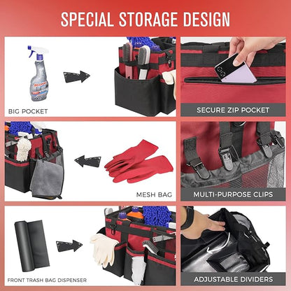 SCAVATA Wearable Cleaning Caddy, Cleaning Caddy Supplies Organizer with Handle & Shoulder Straps for Housekeepers, Under Sink & Car Cleaning Tool Organizers Bag with 4 Foldable Divider (Wine)