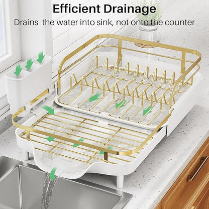 SNTD Dish Drying Rack, Expandable Dish Rack for Kitchen Counter, Stainless Steel Dish Drainer with Drainboard Set and Utensil Holder (Gold)