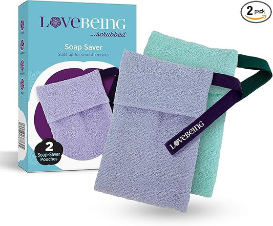 LoveBeing Scrubbed Soap Saver, Exfoliating Bar Soap Pouch & Bar Soap Holder for Smooth, Clean Skin, Durable Soap Bag for Bath & Shower (2 Count, Assorted Colors)