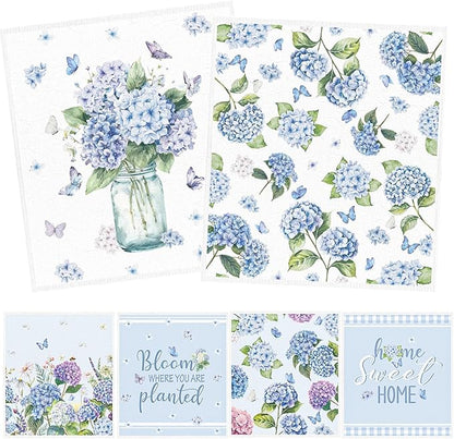 Floral Swedish Dishcloths for Kitchen, 6 Pack Blue Hydrangea Reusable Dish Paper Hand Towels Housewarming Gifts, Spring Absorbent Dish Rags for Home Cooking Cleaning