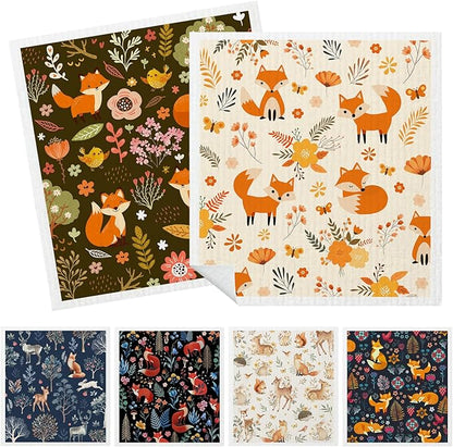 Mixed Fall Animal Swedish Kitchen Dishcloths Dish Towels 6 Pack, Fox Dish Towels for Kitchen, Swedish Dishcloth with Deer, Paper Towels Reusable, Dish Cloth Towel Cleaning Wipe for Home Party
