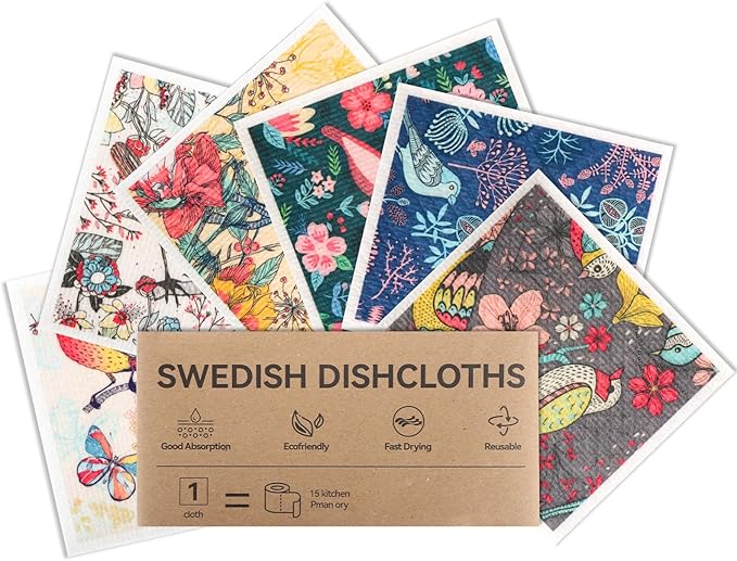 6 Pack Swedish Dishcloths for Kitchen, Swedish Dish Cloths, Reusable Paper Towels, Washable Kitchen Cloth, 100% Biodegradable, Super Absorbent, Quick Drying