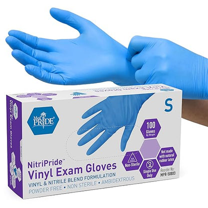 MED PRIDE Nitrile/Vinyl Blend Exam Gloves, Powder-Free, Latex-Free, Disposable, Non-Sterile, Blue, Small (Box of 100)