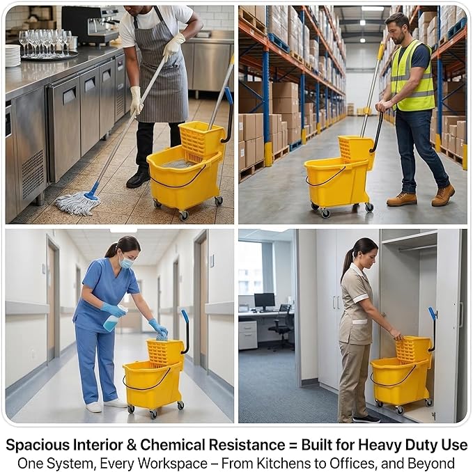 Chasesun 35 Quart Commercial Mop Bucket with Side Press Wringer on Wheels, Industrial Mop and Bucket Set with Loop-End Mop Head, Gloves and Microfiber Cloth, Heavy Duty Yellow Janitorial Cleaning Cart