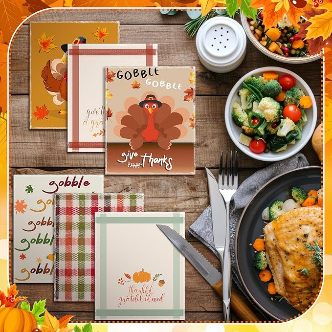 Mindsoft 36 Pcs Thanksgiving Reusable Paper Towels Rolls Washable Bulk Thanksgiving Pumpkin Turkey Kitchen Towels Paperless Reusable Cloth Cotton Napkins with Cardboard for Kitchen Bathroom