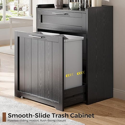Jocoevol Pull Out Trash Can Cabinet, 2x13 Gallon Hidden Garbage Recycling Bin with Drawer, Freestanding Wooden Kitchen Trash can & Laundry Hamper Cabinet, Pet Proof Waste Bin for Living Room, Black